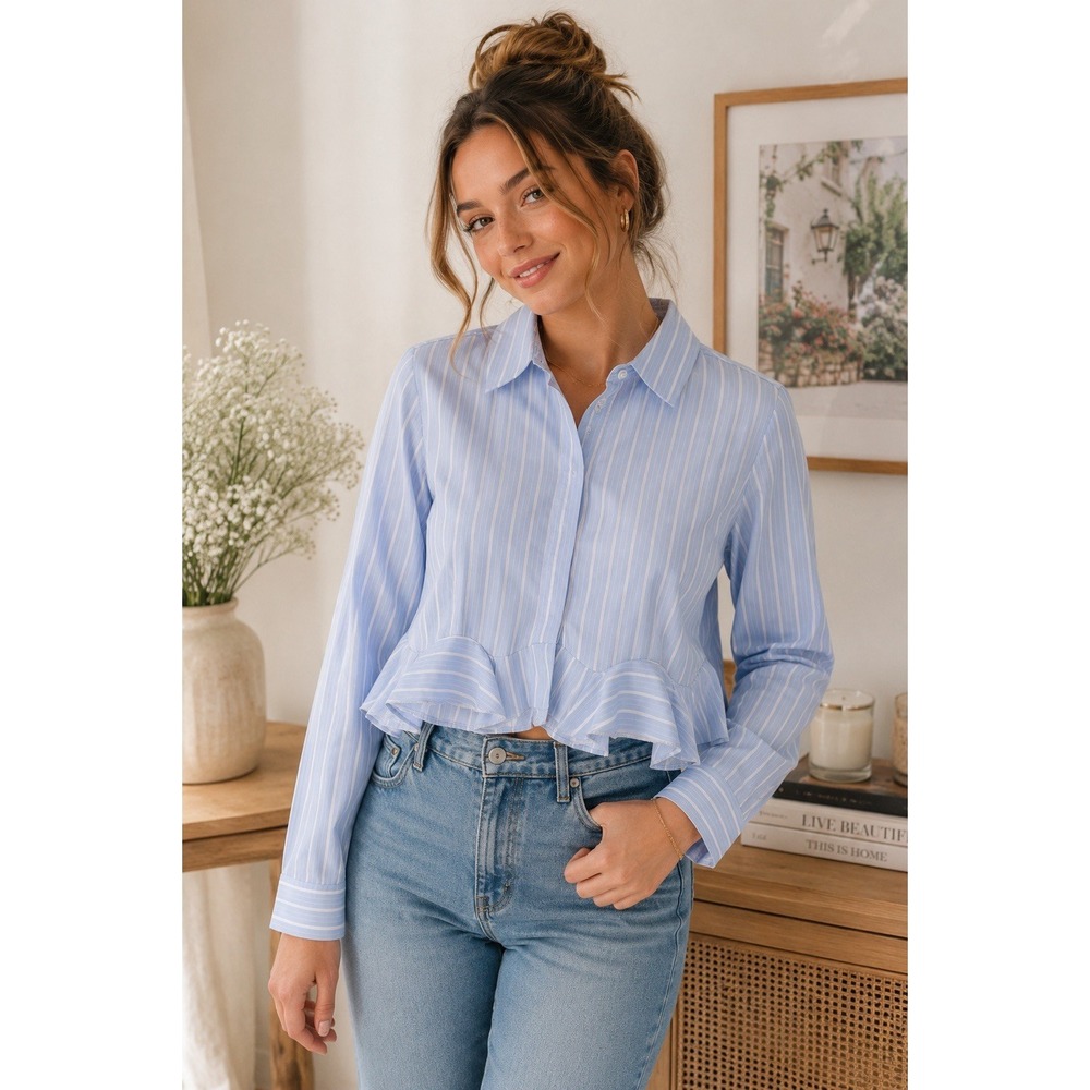 Forever 21 Blue White Stripe Peplum Cropped Button Front Blouse Women's S